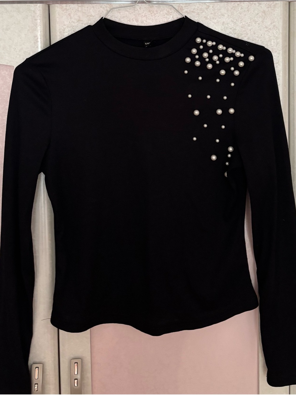 SHEIN Black Long Sleeve Crewneck Top with Pearl Shoulder Detail